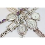 Selection of five silver watches, including some gem set, and a Rotary, approximately 126g gross