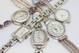 Selection of five silver watches, including some gem set, and a Rotary, approximately 126g gross