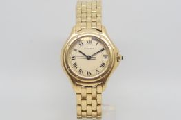 Ladies 18ct Cartier Cougar, circular dial with black Roman numerals, date aperture, 27mm 18ct