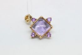 Amethyst pendant, square cabochon cut with four round cut stones in yellow metal tested as 9ct