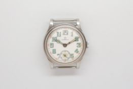 Gentlemen's Vintage Omega Wristwatch, circular white porcelain dial with green Arabic numeral and an