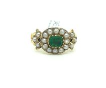 Georgian emerald and diamond ring, central emerald surrounded by split pearls and pearl shoulders,