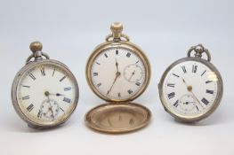 Three pocket watches, A hunter keyless wind stem-set gold-plated full hunter pocket watch â€“ the