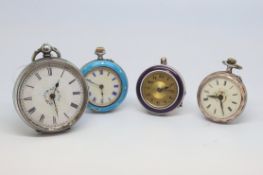 Four silver fob watches including enamel cased