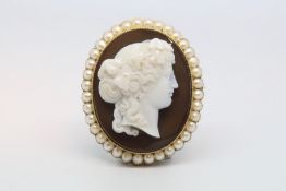 Hardstone cameo brooch, 35 x 30mm hardstone cameo, with a border of split pearls, in yellow gold