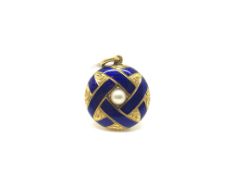 Victorian pearl and enamel mourning pendant, central 5mm half pearl, set within a circular 15ct gold