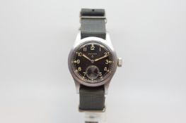 Gentlemen's Vintage Record WW2 British Crows Foot Military Wristwatch, circular black dial marked