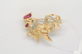 Gemset cockerel brooch set with red stones, mounted in 18ct yellow gold