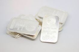 Selection of thirteen silver bars, approximately 562g gross