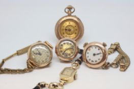 Four ladies 9ct cased watches including Art Deco