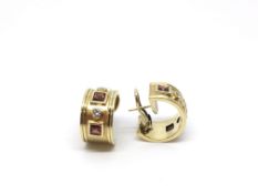 Charles Greig - Garnet and diamond hoop earrings, square cut garnets with two brilliant cut diamonds