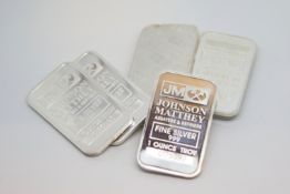 Selection of seven Johnson Matthey fine silver bars, including one 2 ounce bar and six 1 ounce bars,
