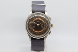 Gentlemen's Leonidas Vintage Chronograph Wristwatch, circular two tone black & gilt dial, 3 track