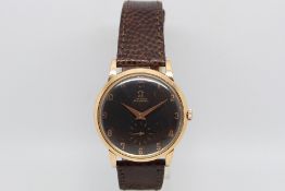 Gentlemen's Omega Automatic 18ct Rose Gold Vintage Wristwatch, circular black dial with rose gold