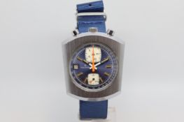 Gentlemen's Vintage Premira Bullhead Divers Chronograph Watch, circular blue gloss dial with baton