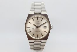 Gentlemen's Omega Geneve Date Wristwatch w/ Box, circular silver dial with baton hour markers and
