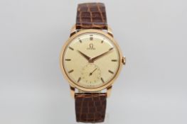 Gentlemen's Omega 18ct Rose Gold Vintage Wristwatch, circular textured dial with gold baton hour