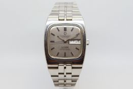 Gentlemen's Omega Constellation Day Date Chronometer, rounded square silver dial with baton hour