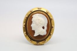 An agate cameo brooch in yellow metal depicting the profile of a female. 4.9cm x 4.1cm