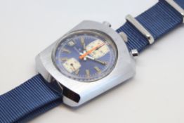 Gentlemen's Vintage Premira Bullhead Divers Chronograph Watch, circular blue gloss dial with baton