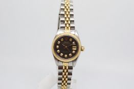 Ladies Bi-Metal Roles Datejust Diamond Dial Wristwatch, circular dial with gold framed diamond