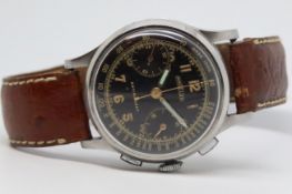 Rare Gentleman Angelus Chronograph watch, circa 1940s, black gloss dial twin registers, Arabic