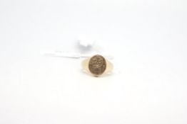 Heavy seal signet ring, Lions head, inscribed 'I Beare in Minde', tested as 9ct, weighing