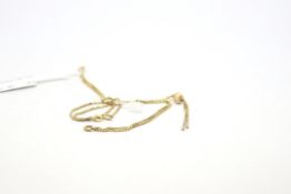 9ct yellow gold necklace, box link chain with tassel detail, weighing approximately 2.4g