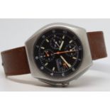 Gentlemen's Military Tutima Chronograph Stainless steel watch circa 1980s, Black dial with three