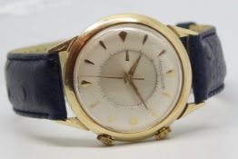 Gents Jaeger Le Coultre Memovox Alarm 14ct Gold Vintage Wristwatch, circular dial with moveable