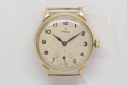 Gentleman's Omega Gold Vintage Wristwatch, circular aged dial with subidiary dial at 6 o'clock and