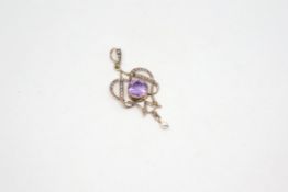 Art nouveau amethyst and seed pearl pendant, 8mm round central amethyst, seed pearl set frame, pearl