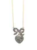 Rose cut diamond heart and bow necklace, bombe set rose cut diamonds suspended from a stone set bow,