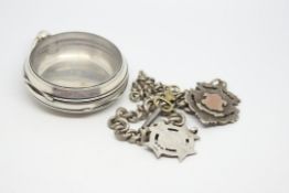 Empty silver pocket watch case with glass, albert chain and two fobs, 136g gross