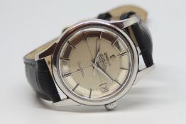 Gents Omega Automatic Date Constellation Vintage Wrsitwatch, circular silver pie pan dial with