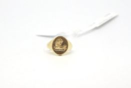 18ct yellow gold seal signet ring, depicting Jaguar head with axe, weighing approximately 10.5g