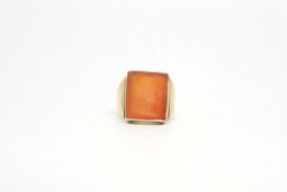 Carved intaglio seal signet ring, rectangular cornelian with deep intaglio carving of male bust,