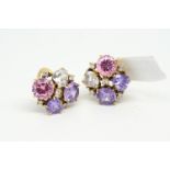 Stone set ear clips, set with pink, purple and colourless stones and diamond detail, mounted in