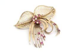 Ruby and seed pearl spray brooch, rubies and seed pearls to the centre of a leaf design, mounted