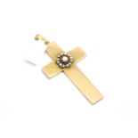 Pearl set cross pendant, central 4.6mm split pearl within a flower setting, surrounded by twelve