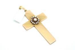 Pearl set cross pendant, central 4.6mm split pearl within a flower setting, surrounded by twelve