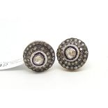 Diamond cluster earrings, central diamond, with a double surround of rose cut diamonds, silver and