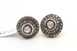 Diamond cluster earrings, central diamond, with a double surround of rose cut diamonds, silver and