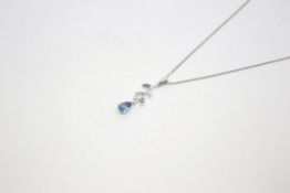 Blue and white topaz and diamond pendant, pear cut blue topaz suspended drop a vine of blue and