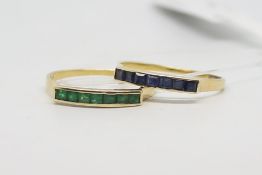 Two gem set half eternity rings, one set with square cut sapphires in yellow metal stamped 14ct,