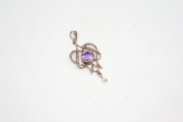 Art Nouveau amethyst and seed pearl pendant, 8mm round central amethyst, seed pearl set frame, pearl