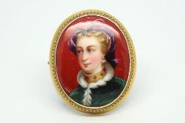 Enamel painted portrait brooch, depicting a lady on a red background, gold mounted with wirework