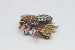 Victorian diamond, ruby and enamel bug brooch, ruby and eight cut diamond body, with ruby eyes,
