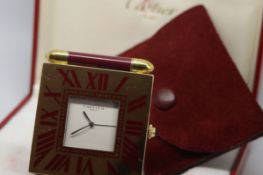 Cartier Vintage Clock w/ Box & Papers, square white dial with Arabic numerals surrounding in the