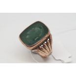 Green agate intaglio ring, rectangular cut stone with intaglio, rose gold mount, stamped and